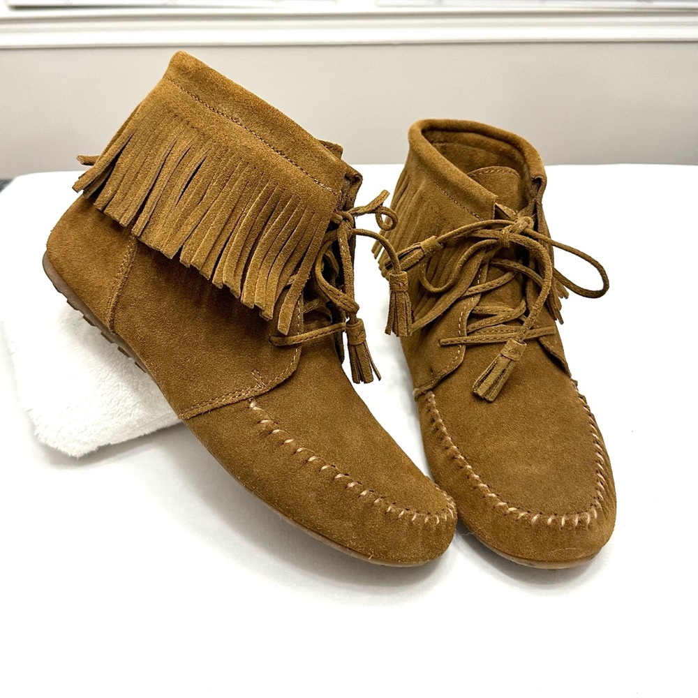 MINNETONKA Moccasins Ankle High Top Fringe Boots Brown Suede Size 8